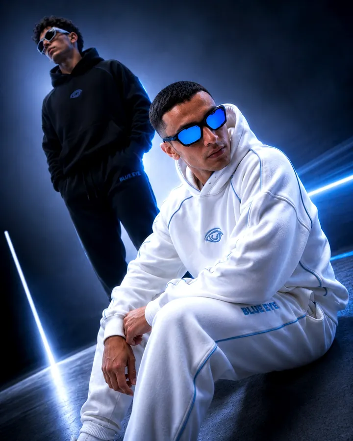 Two men in a dark studio, one seated in a white tracksuit and blue mirrored sunglasses among light streaks.