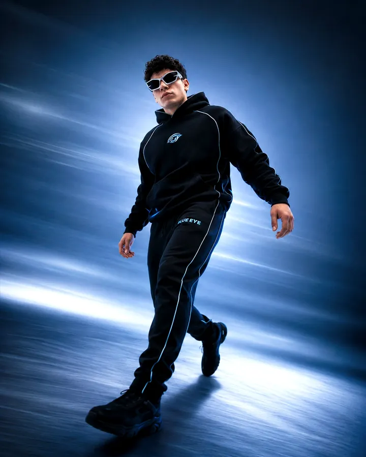 A stride in a black tracksuit with light piping amid streaking light trails.