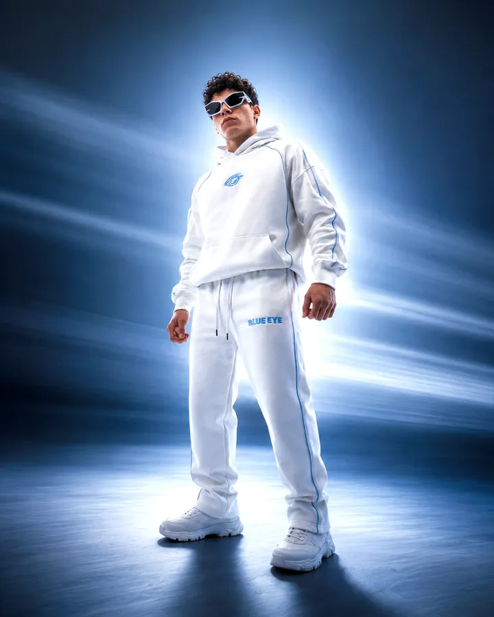 Full-length stance in a white tracksuit and chunky sneakers within diffused light.