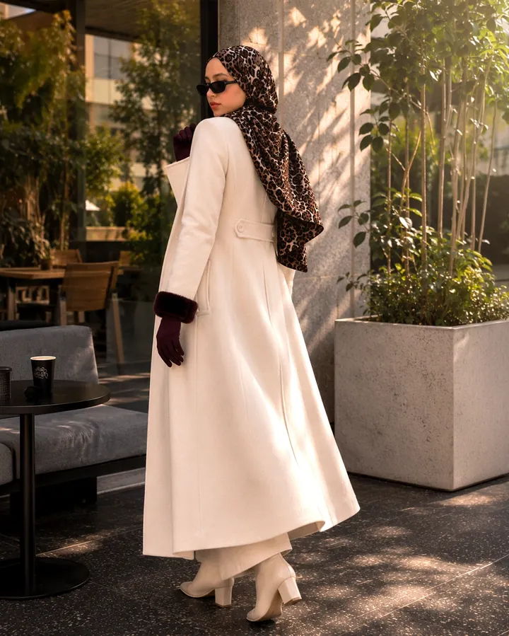 Walking in a long cream coat and heeled boots along a sunlit walkway lined with planters.